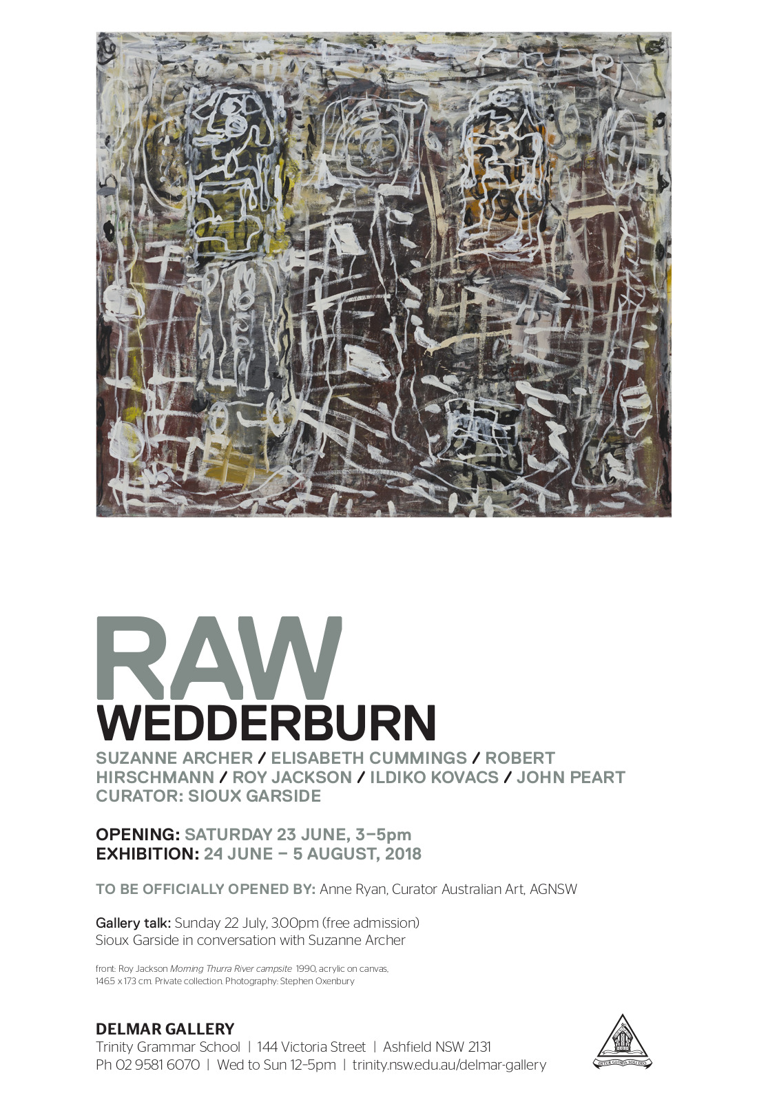 RAW Wedderburn Exhibition Poster, Roy Jackson, Morning Thurra River Campsite, 1990, acrylic on canvas